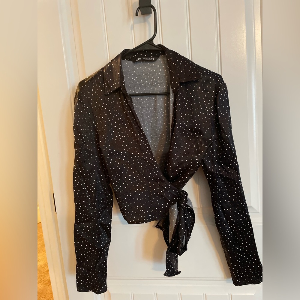 Black Polka Dot Wrap Blouse